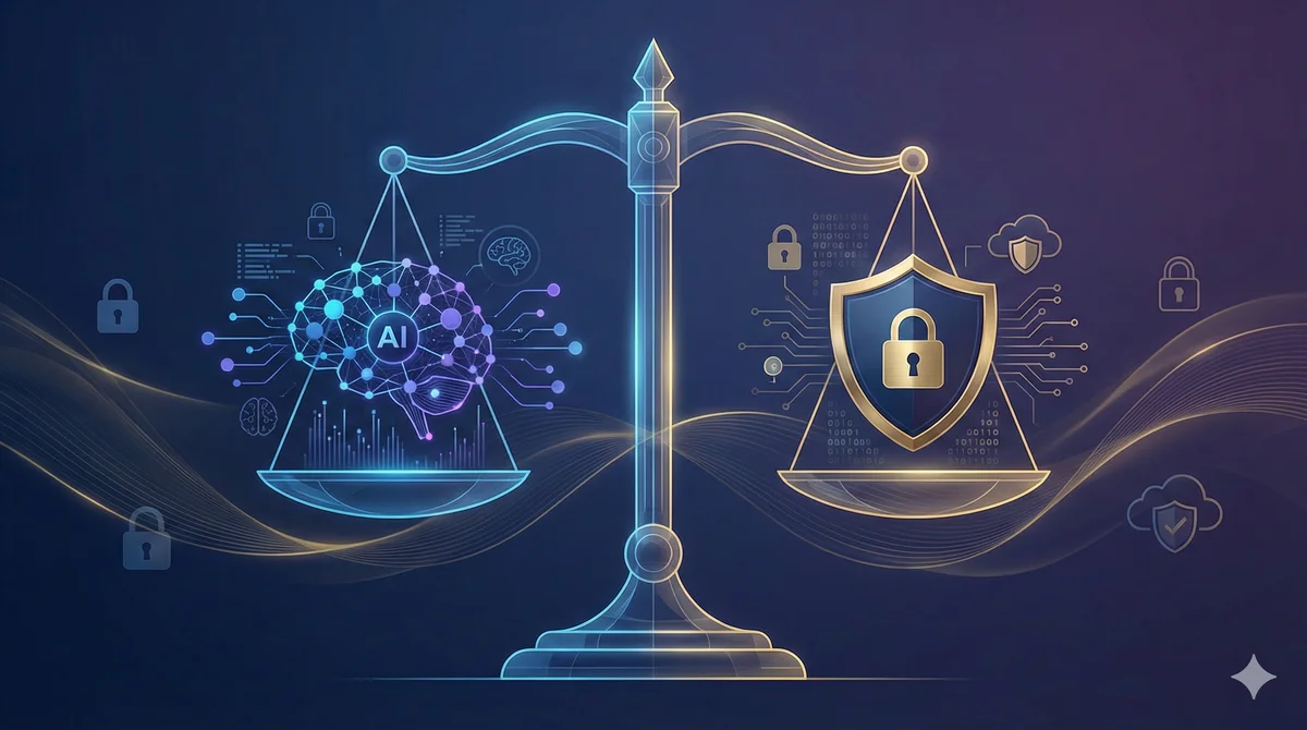 Balance of AI ethics and security represented by scales of justice