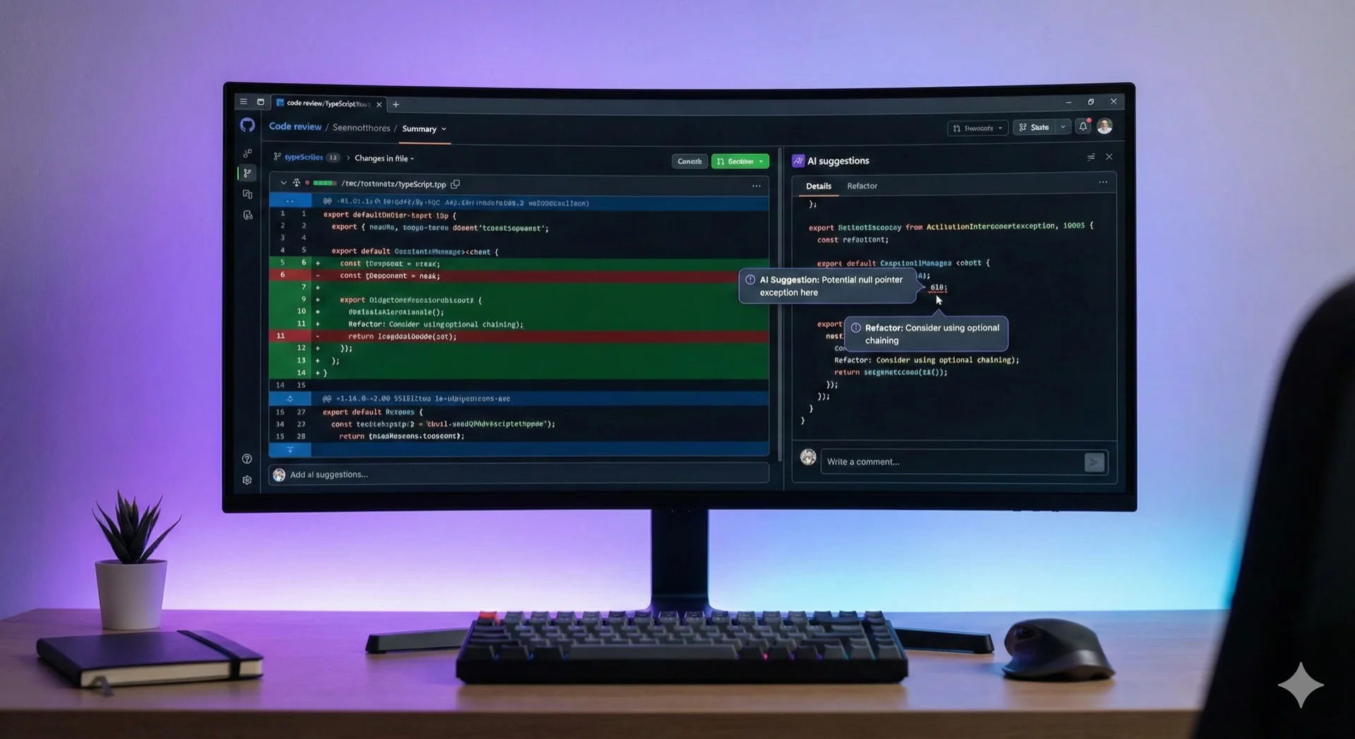 Code review interface with AI suggestions highlighted