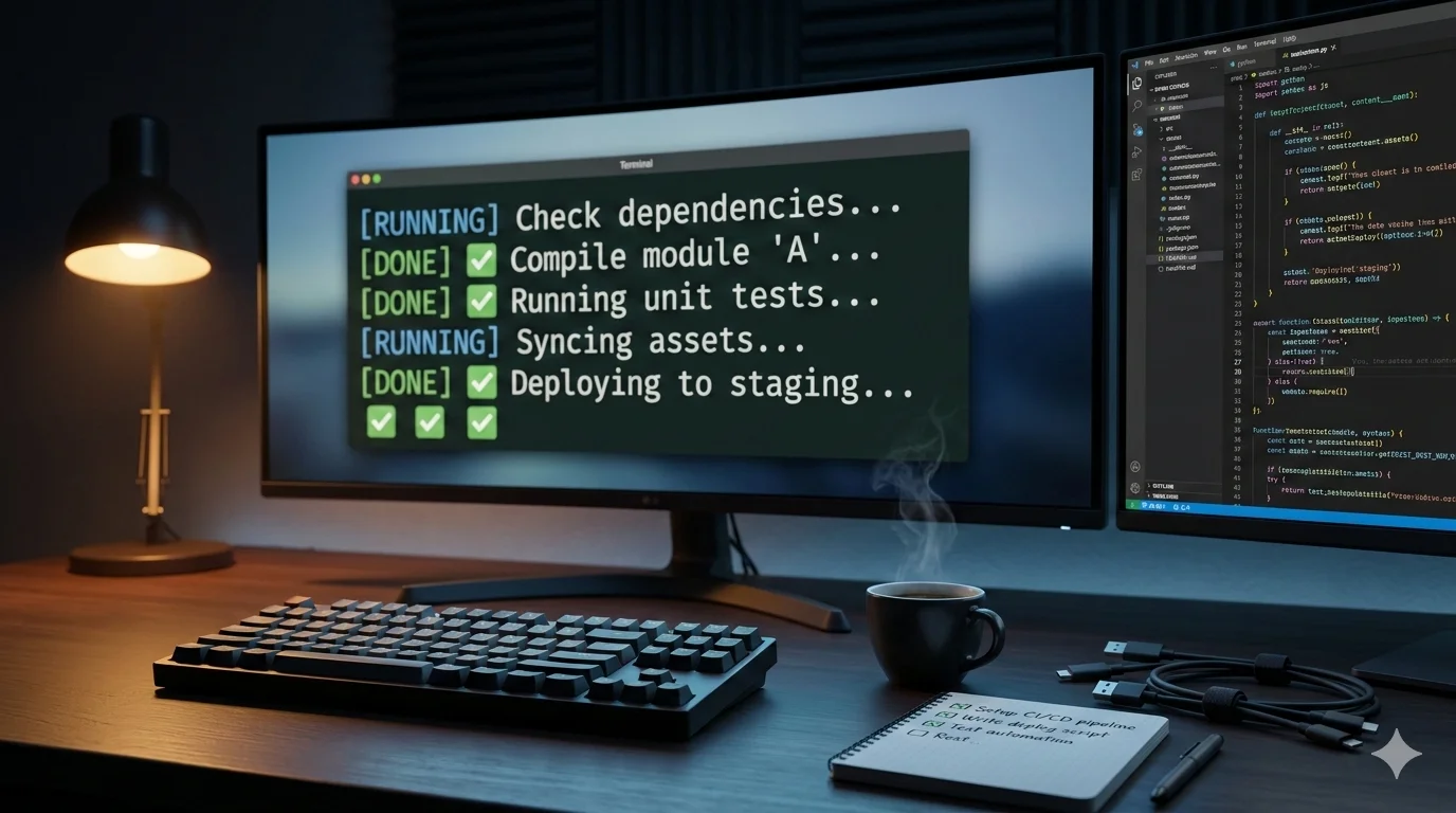 A clean developer workspace with a terminal running automated scripts, showing green output lines and a modern mechanical keyboard