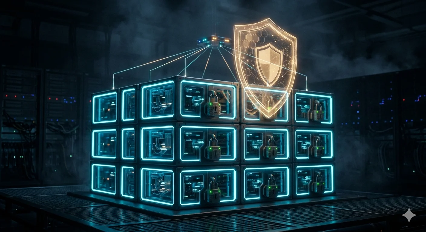 A grid of glowing containers with padlocks and a shield motif in a dark datacenter atmosphere