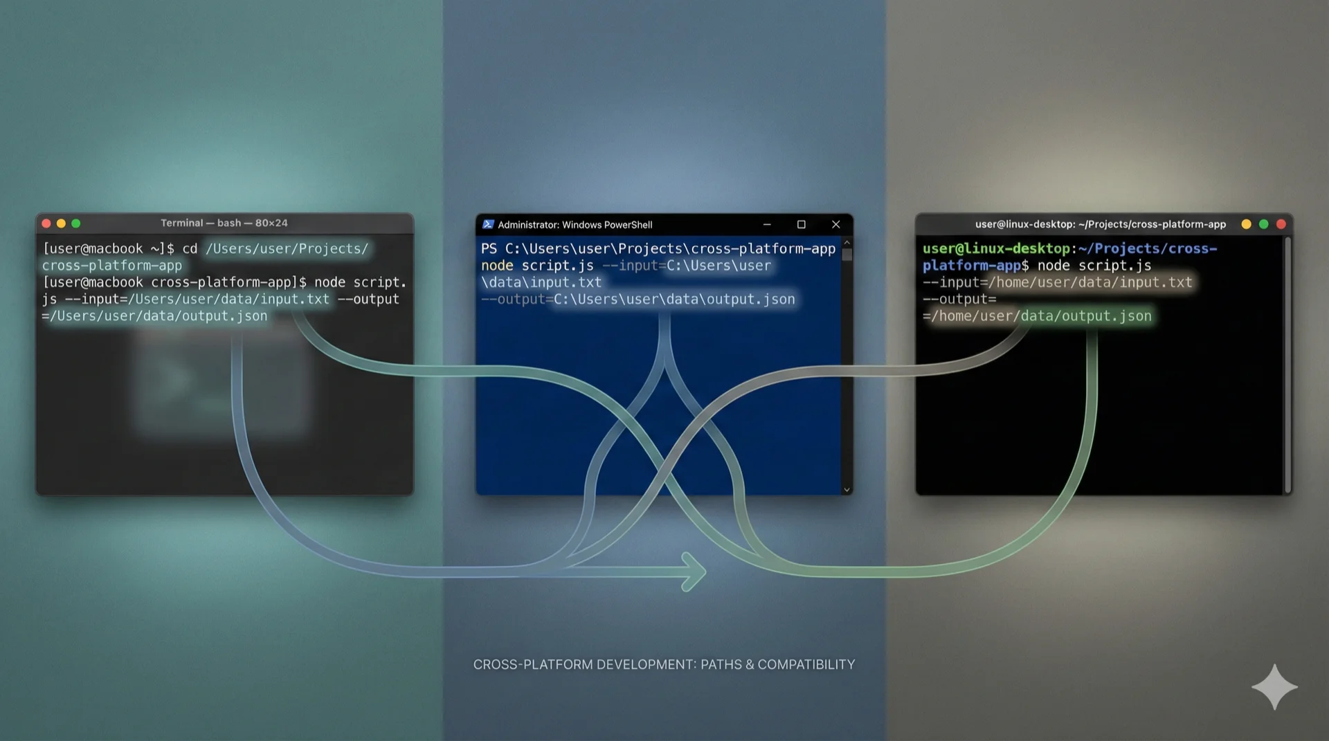 Terminal windows showing code running on different operating systems