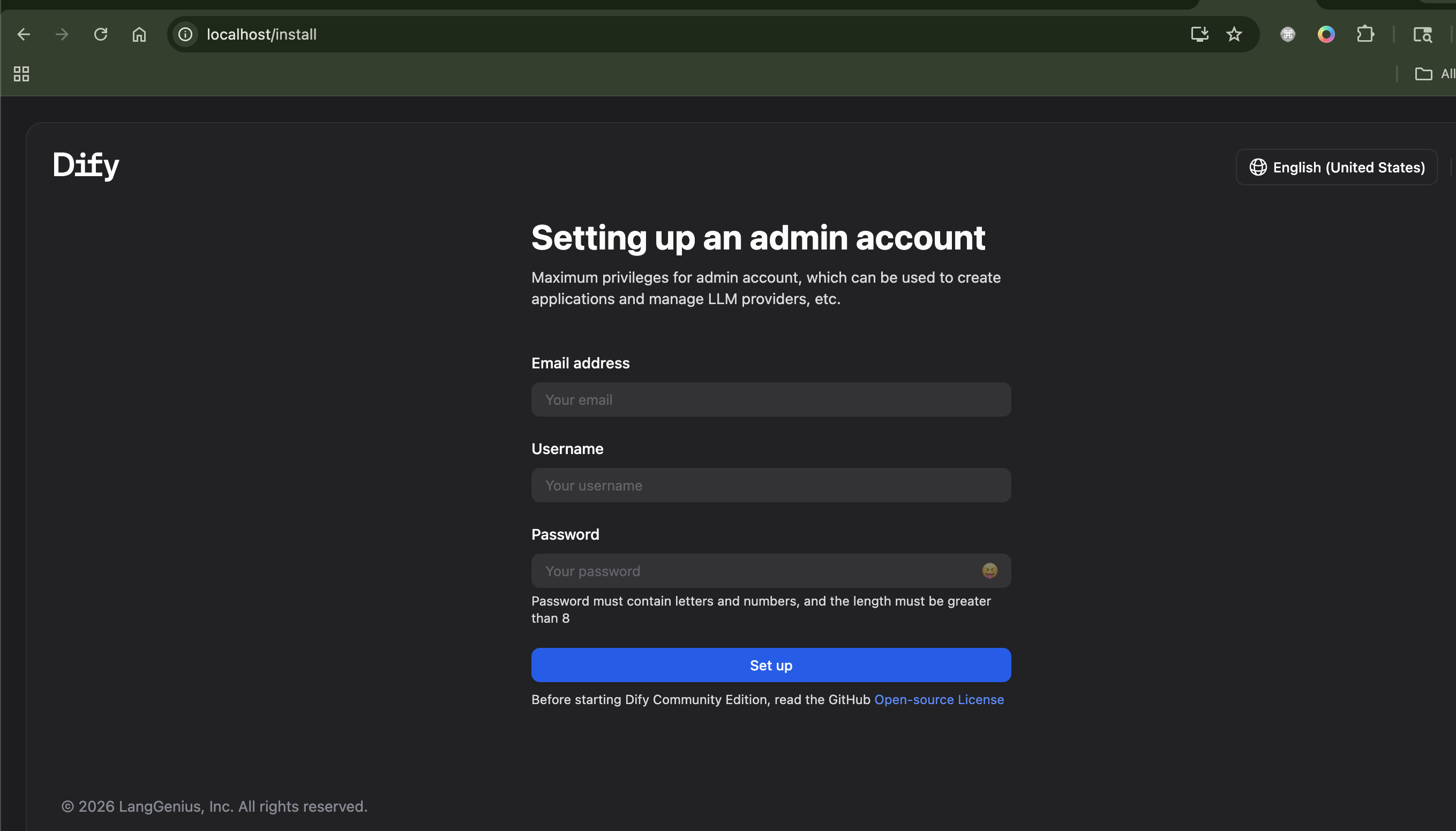Dify account setup and initial admin configuration