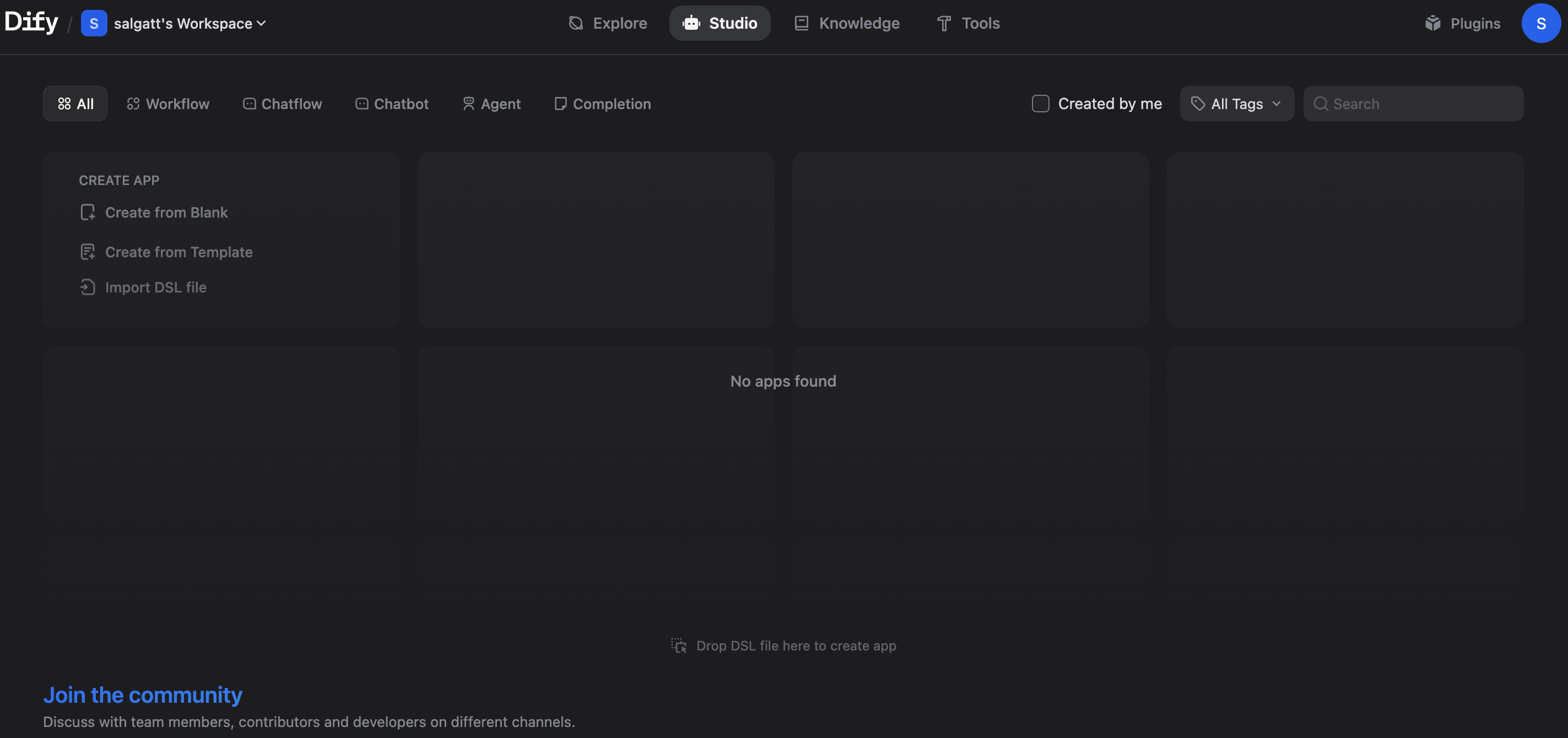 The Dify application dashboard after successful login