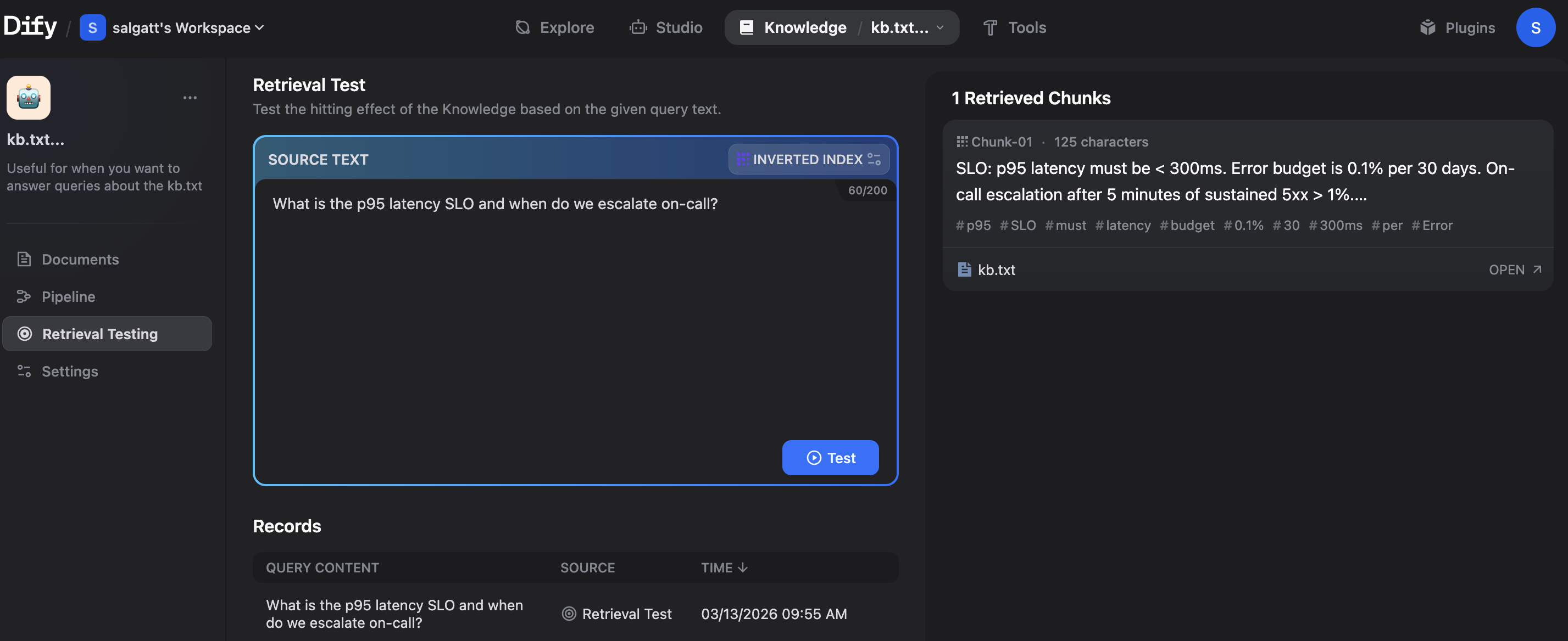 Testing the retrieval and tool execution in Dify