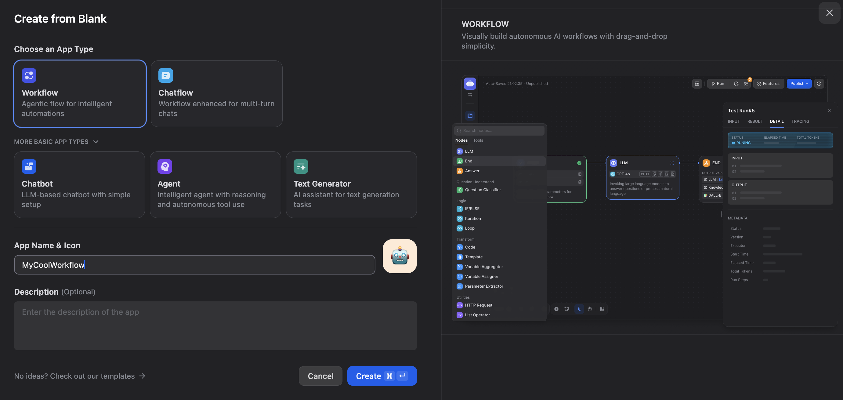 Orchestrating a workflow in the Dify visual editor