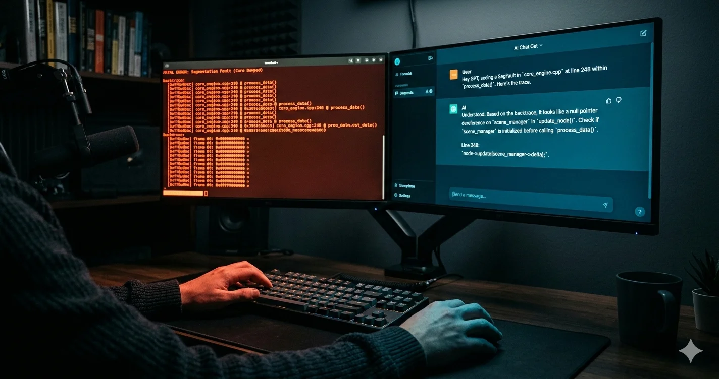 A developer tracing through error output in a terminal with AI suggestions alongside