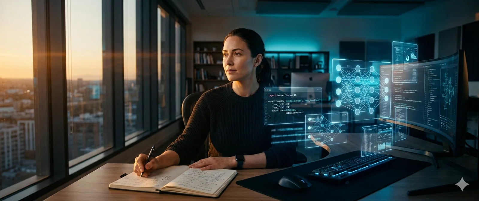A technical professional at a workstation, half-illuminated by natural light and half by the glow of AI-generated data visualizations