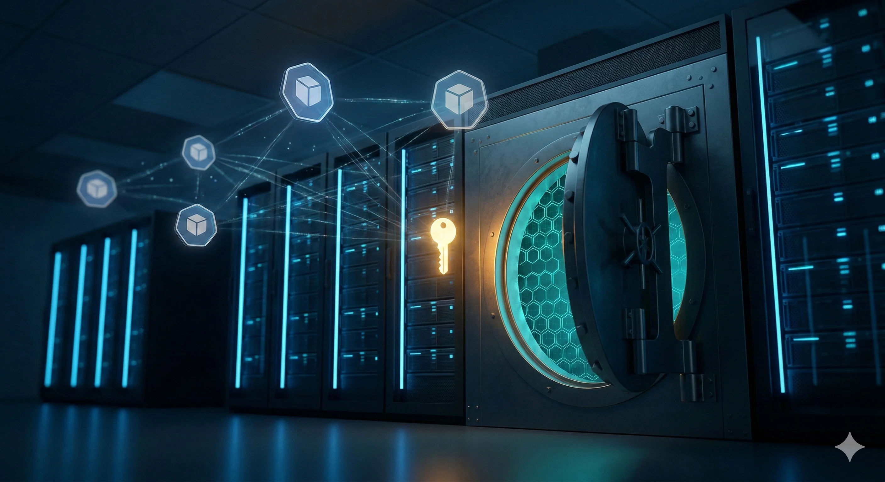 A secure vault integrated into a Kubernetes container cluster, representing secrets management