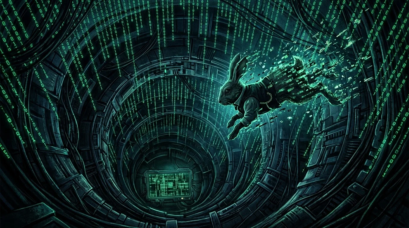 A digital rabbit made of glitching code and binary dissolves into a Matrix-style tunnel of green cascading numbers, descending toward a glowing terminal at the bottom of the rabbit hole