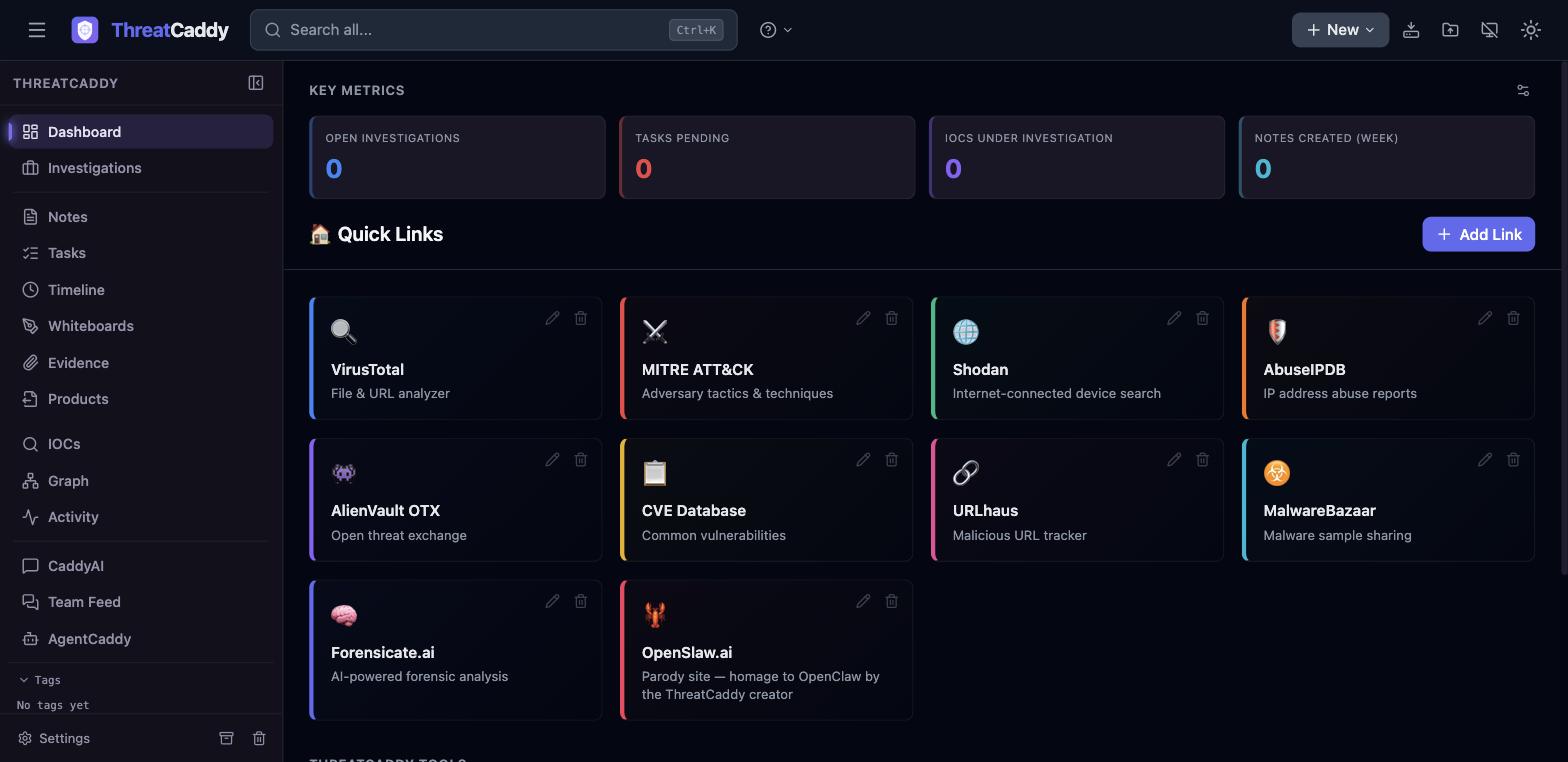 ThreatCaddy rendering correctly after the one-line fix, showing the dashboard and the CaddyAI, Team Feed, and Evidence features added since April