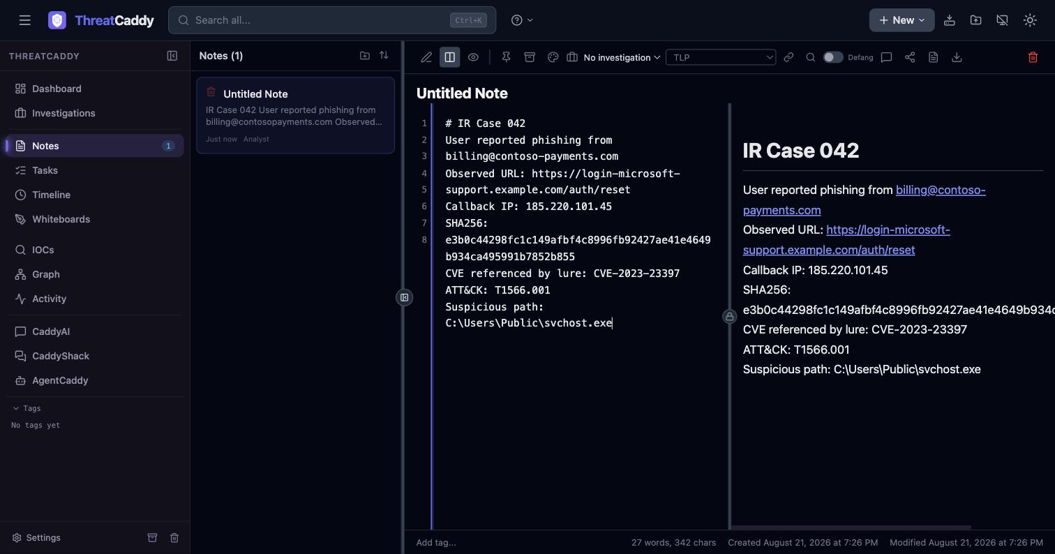 The note open in ThreatCaddy&rsquo;s split-pane markdown editor, with the live preview autolinking the email and URL