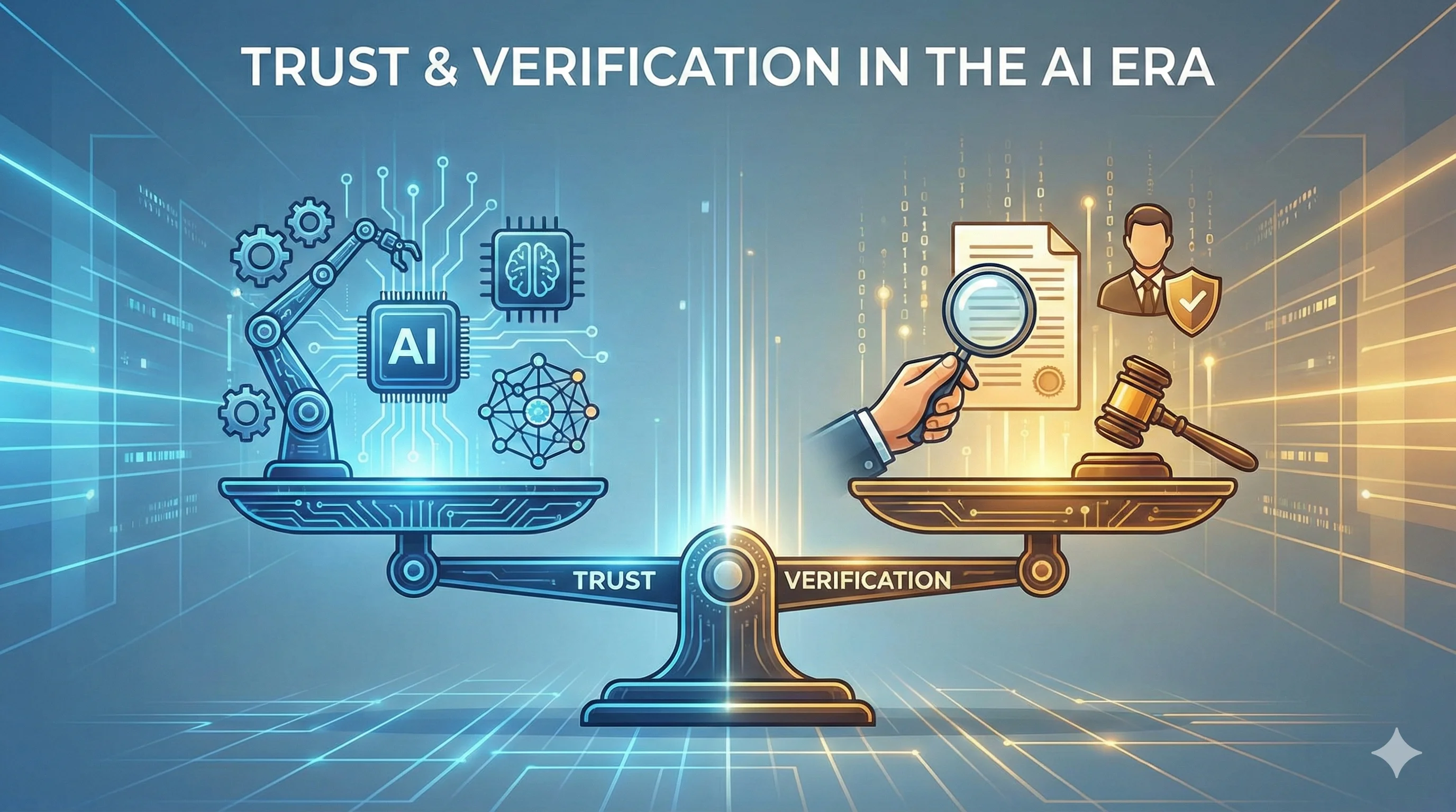 A balance scale weighing AI speed against human verification